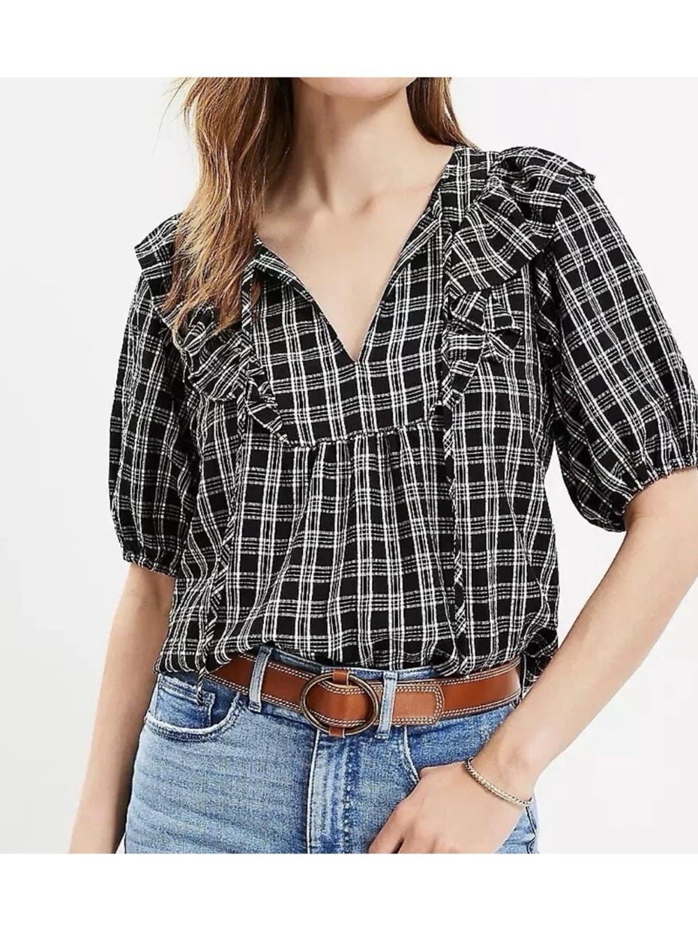 LOFT | windowpane pattern puff sleeve ruffle top